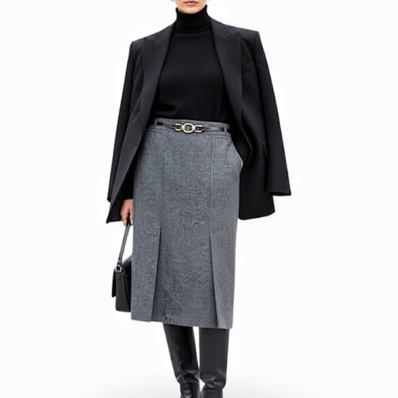 Celine pure wool vintage 70s 80s grey box pleated horse bit belted midi skirt 46 - Picture 1 of 16